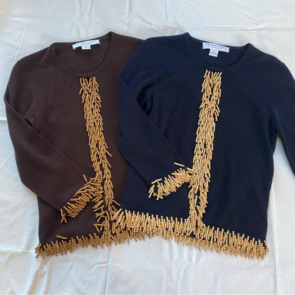 Trina Turk Silk Cashmere Beaded Tassel Detail Clasp Closure Cardigan Bundle